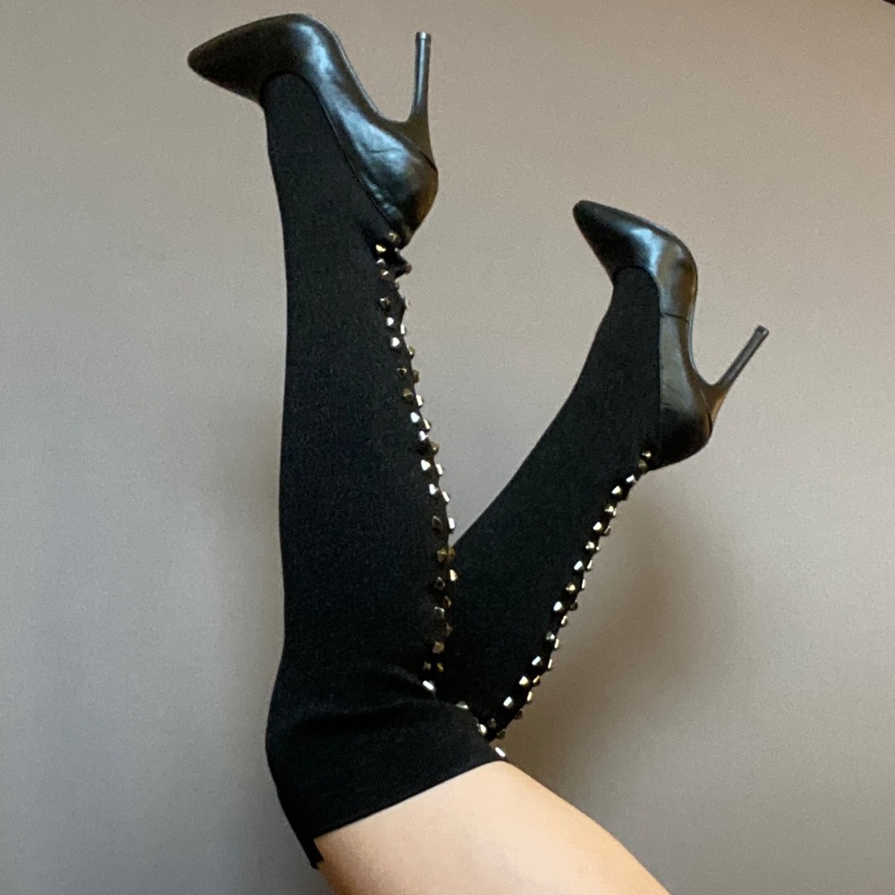 Silver Studded Black Over the Knee High Heel Boots